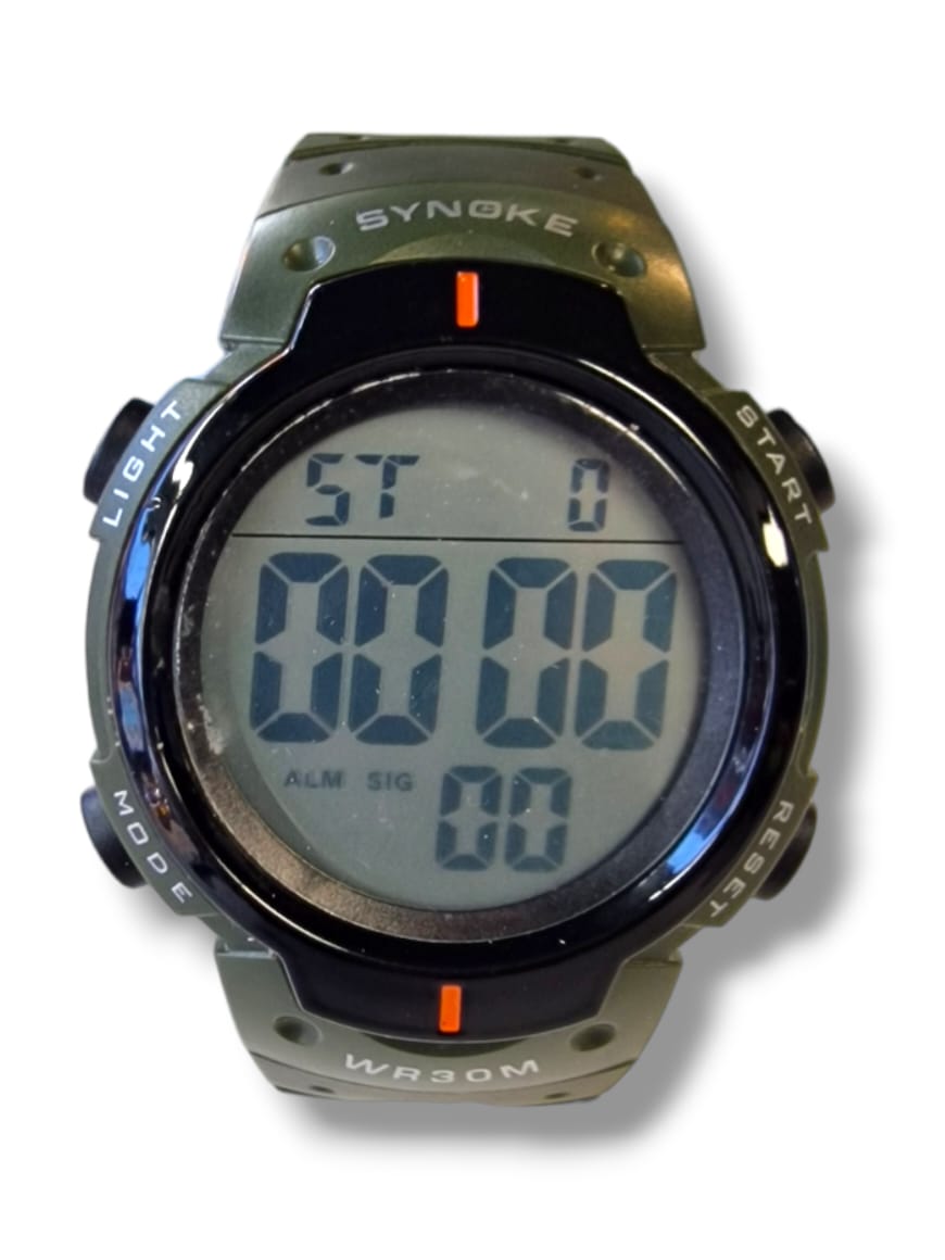 synoke digital watch,light, chronograph, alarm, WR30M, Green light, 49 mm case