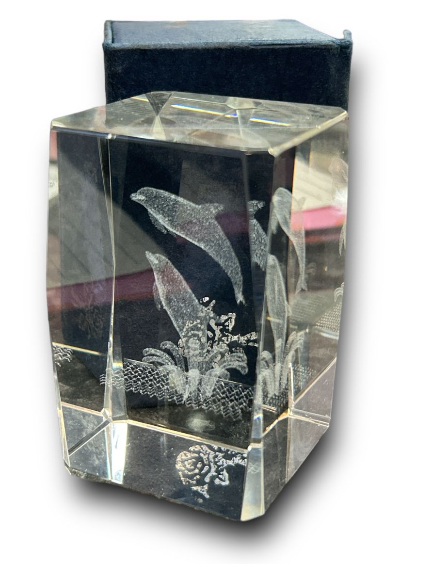 Engraved Crystal Glass Display - Dolphins - Boxed